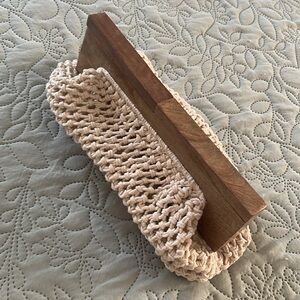 Square Top Beige Crochet Clutch Handbag Macrame Purse  with Wooden Handle